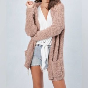 Lovestitch Eyelash Knit Fuzzy Hooded Cardigan w Pockets Women’s Size M/L Blush